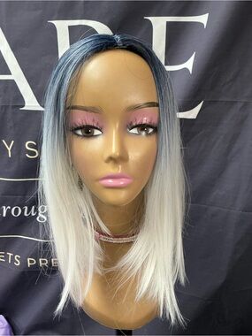 Ombre Blue to White Straight Synthetic Wig - Sleek Two-Tone Style